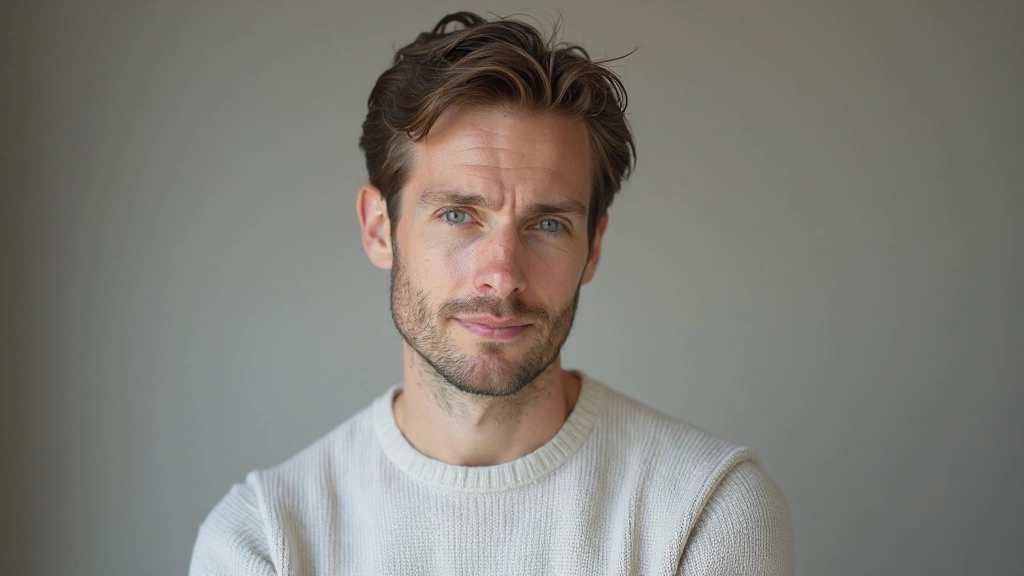 Close-up portret van een man met doordachte uitdrukking, zachte verlichting, neutraal grijs ontwerp