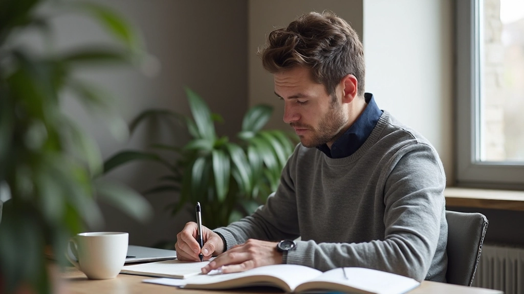 Persoon schrijft in notitieboek aan bureau met kopje thee en planten, ontspannen sfeer