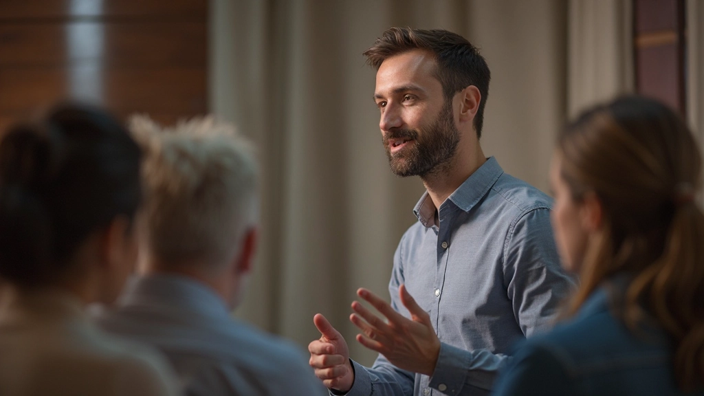 Groep mensen in workshop-achtige setting, één persoon spreekt terwijl anderen oprecht luisteren, warme sfeer