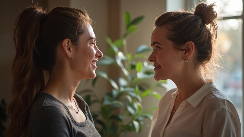 Twee personen in betekenisvol gesprek, beide aandachtig naar elkaar luisterend in een warme, ondersteunende omgeving