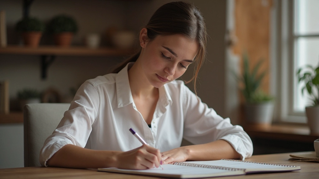 Persoon schrijft aantekeningen in een notitieboek aan een tafel, rustige werkomgeving met kopje thee