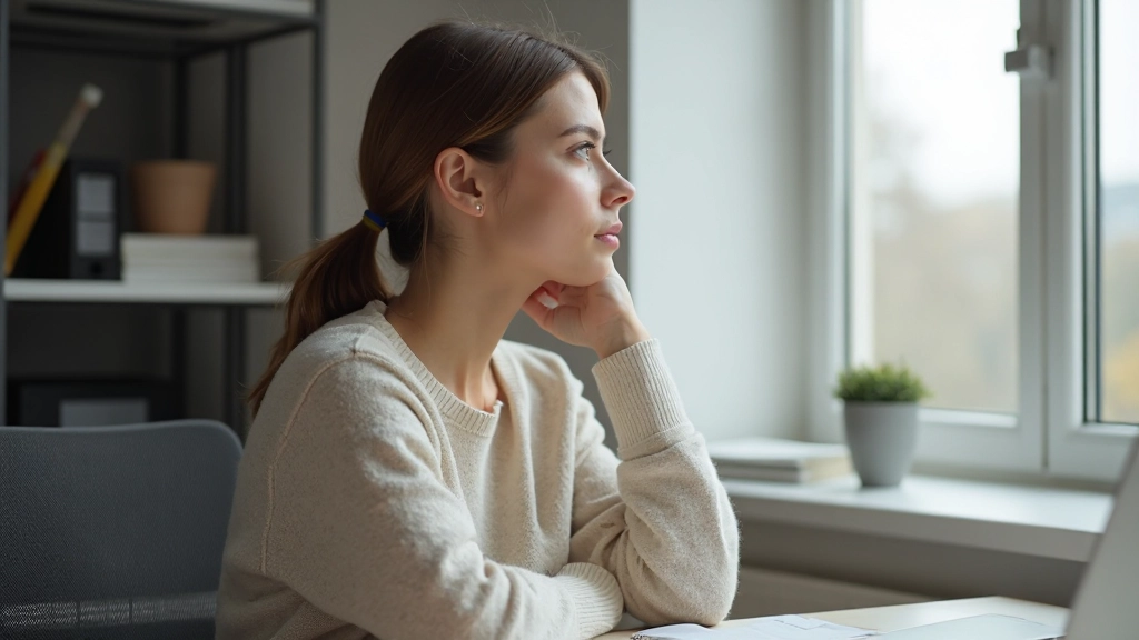 Vrouw zit alleen aan een bureau en kijkt nadenkend uit het raam, reflectie in het glas zichtbaar