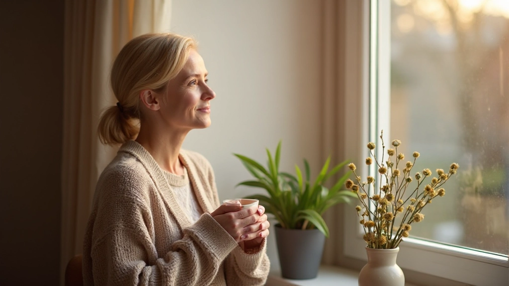 Persoon zit bij venster met kopje thee, kijkt naar buiten, vroeg in de ochtend met zachte zonlicht